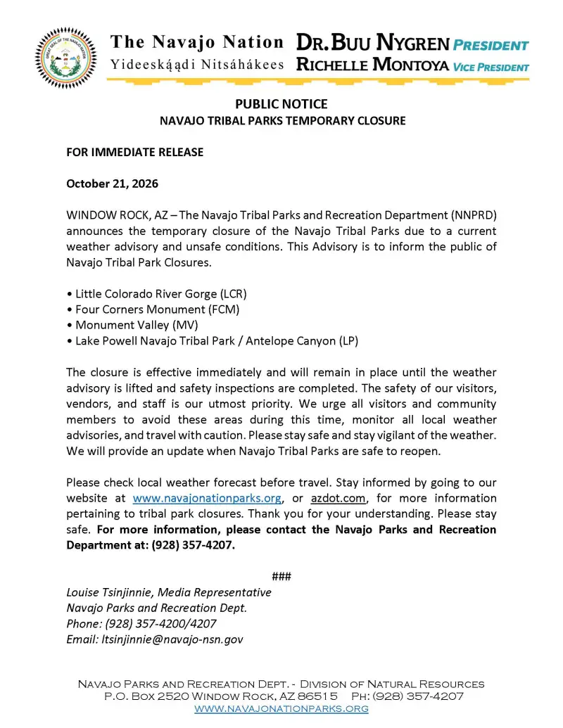 Navajo Nation public notice about temporary tribal parks closure, dated October 21, 2026.