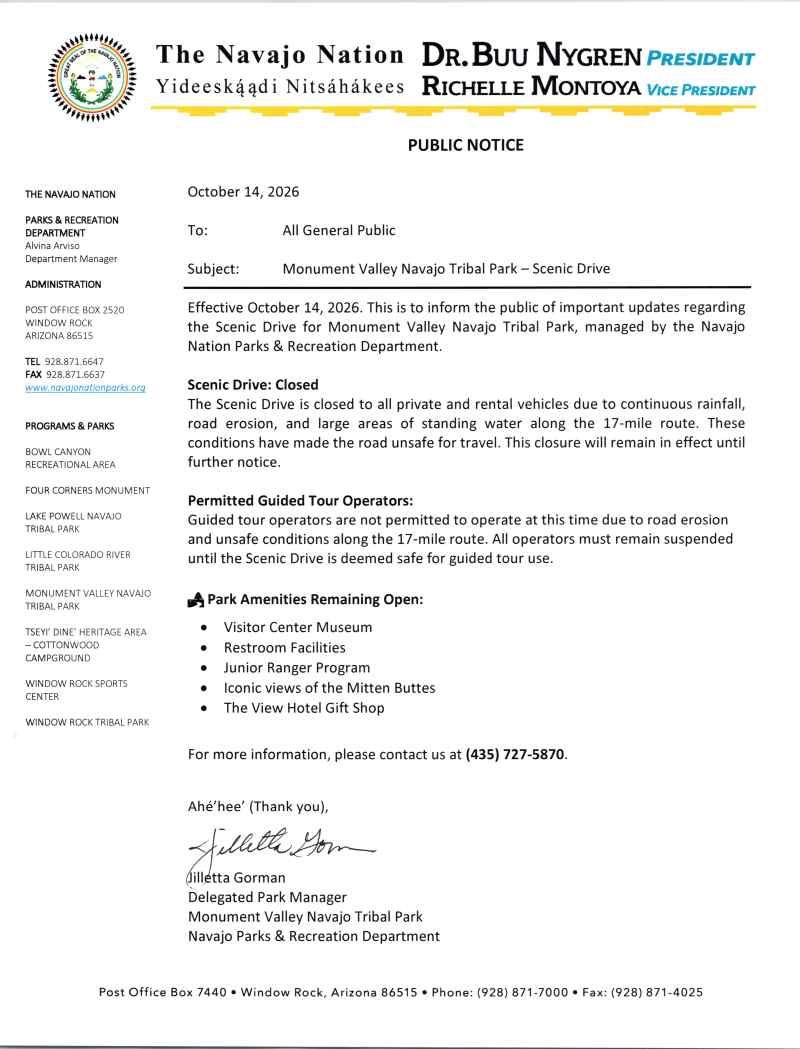 Official public notice about road updates and closures from the Navajo Parks and Recreation Department.