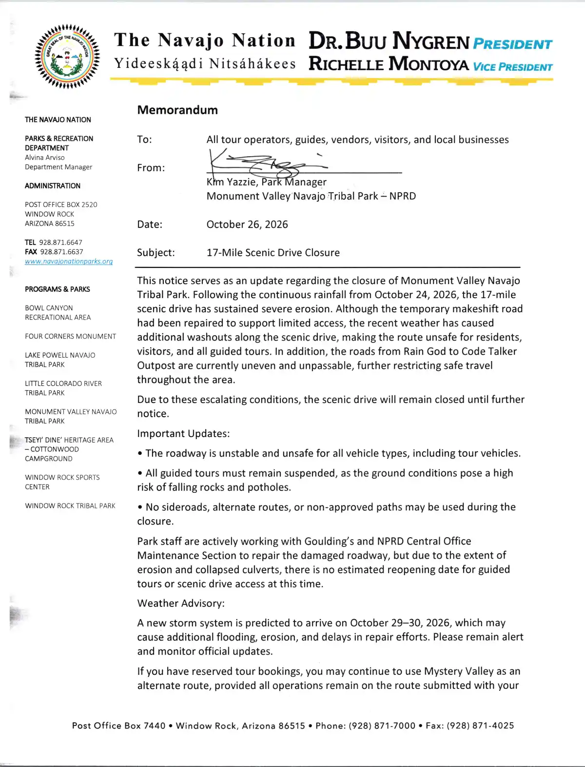 Memorandum from the Navajo Nation about a road closure due to rockslide.