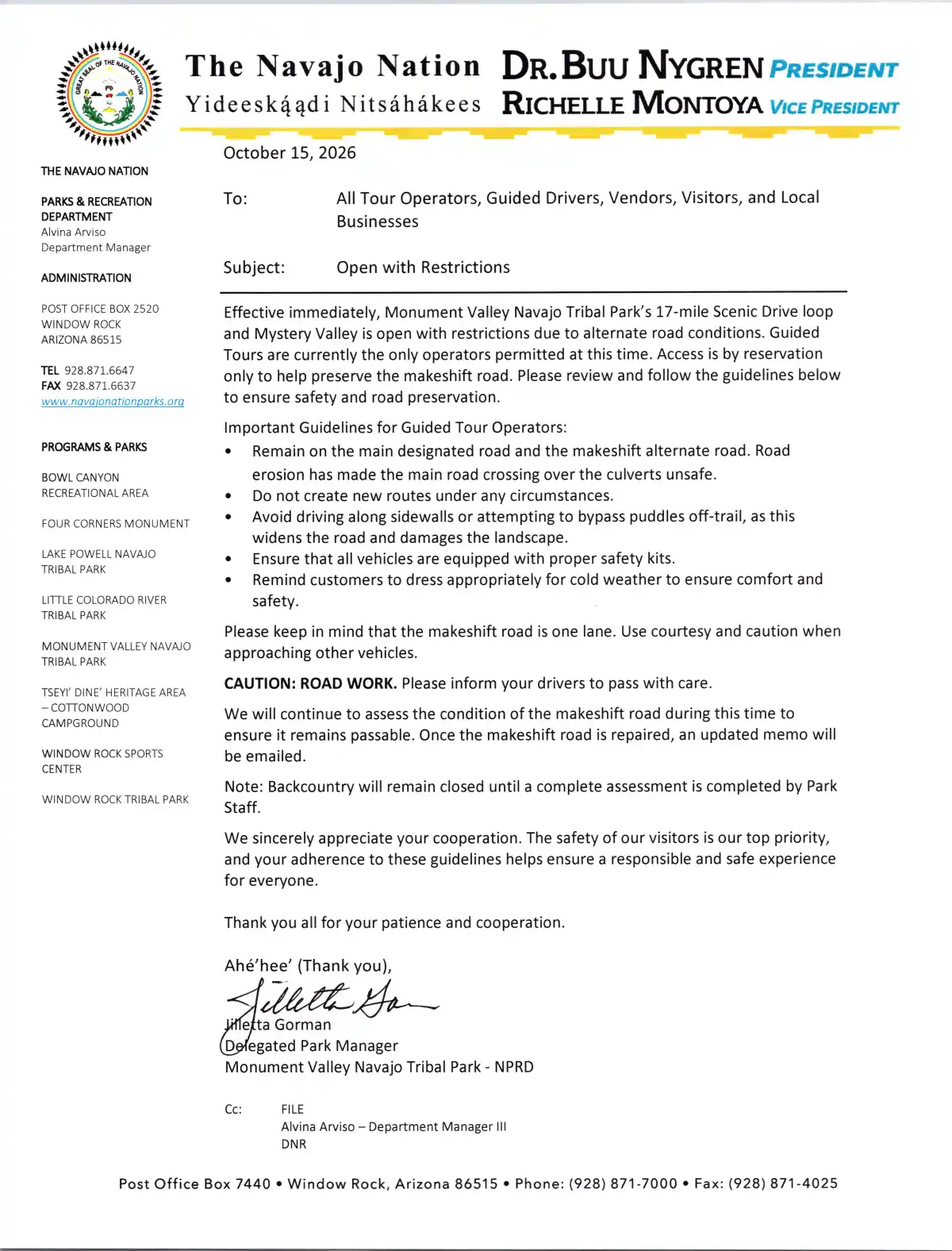 Letterhead document with guidelines for road use by tour operators.